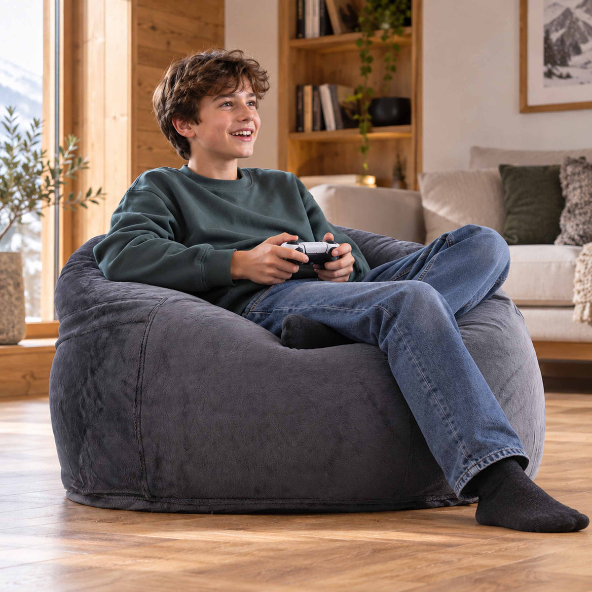 Pouf Fauteuil Rond XL Polaire Gris, pouf intérieur en tissu polaire pour lecture et jeux, grand format
