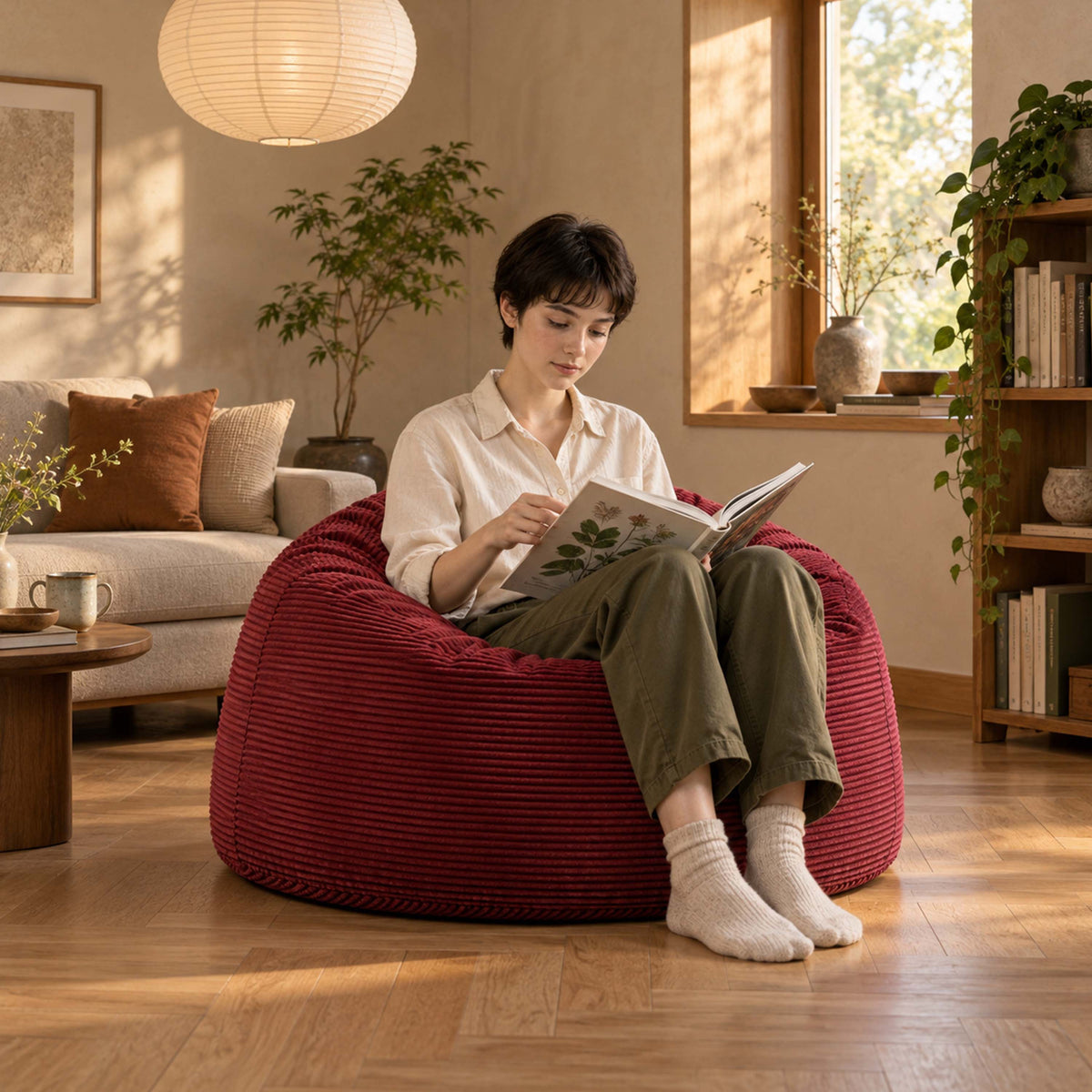 Pouf Géant Rond XL Velours Côtelé Cerise : pouf fauteuil rond XL en velours côtelé cerise, pour lecture et détente
