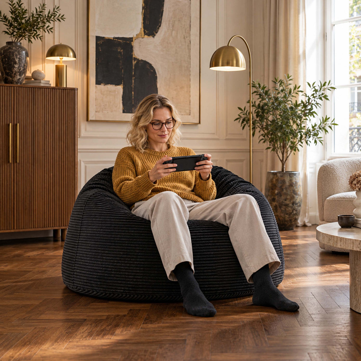 Pouf Géant Rond XL Velours Côtelé Noir, grand pouf d’intérieur rond en velours côtelé noir pour salon, assise confortable