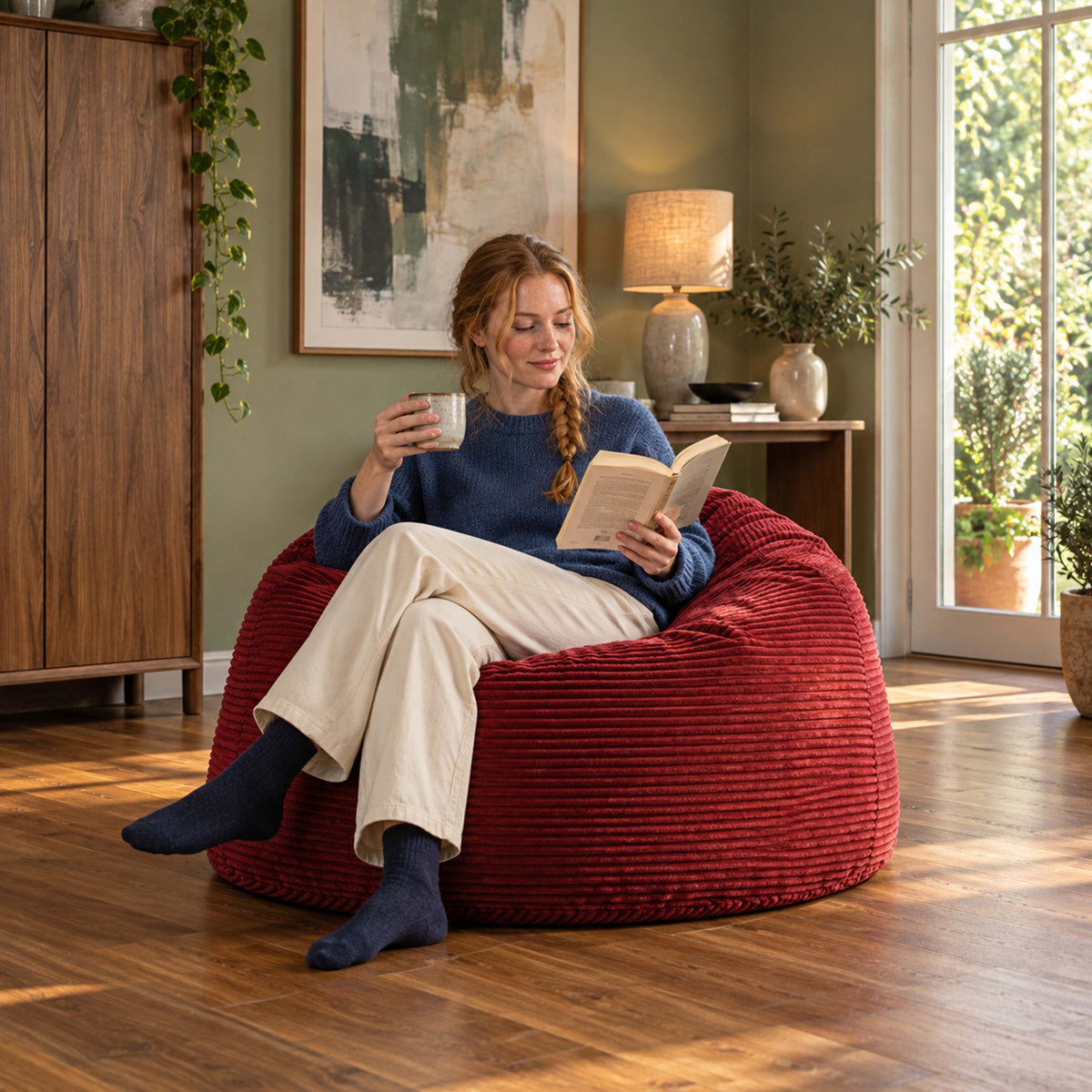 Pouf Géant Rond XL Velours Côtelé Rouge, pouf fauteuil XL en velours côtelé rouge pour salon, confort détente