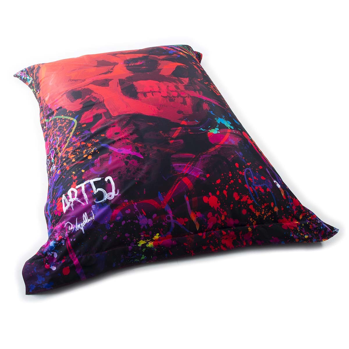 Pouf Géant ART52® - Red Skull : grand pouf imprimé crâne rouge, peinture éclaboussures, série limitée signée Benjamin Cupillard