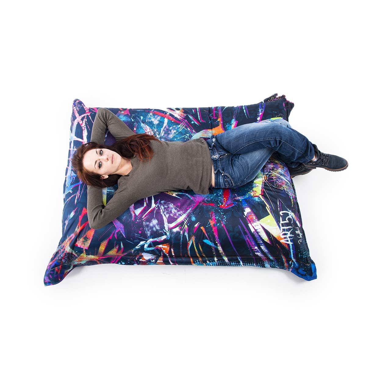Pouf Géant ART52® - Lion Graf, pouf géant design graffiti bleu multicolore, série limitée 50 exemplaires