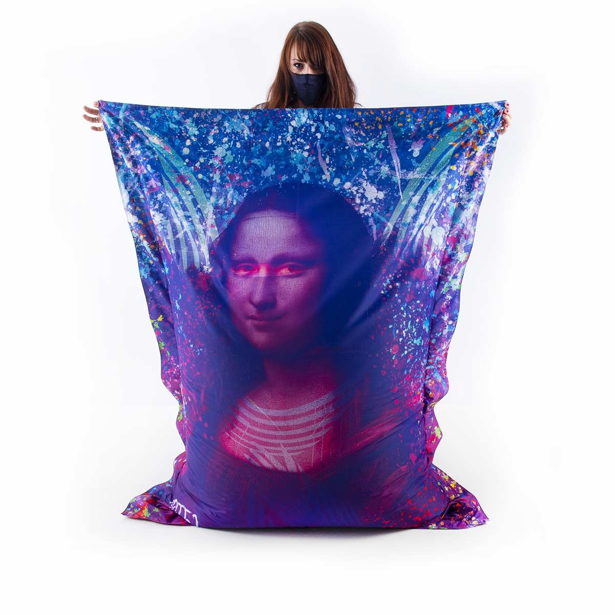 Pouf Géant ART52® - Mona Lisa POP : pouf géant décoratif imprimé pop art, modèle avec visuel visage bleu et violet