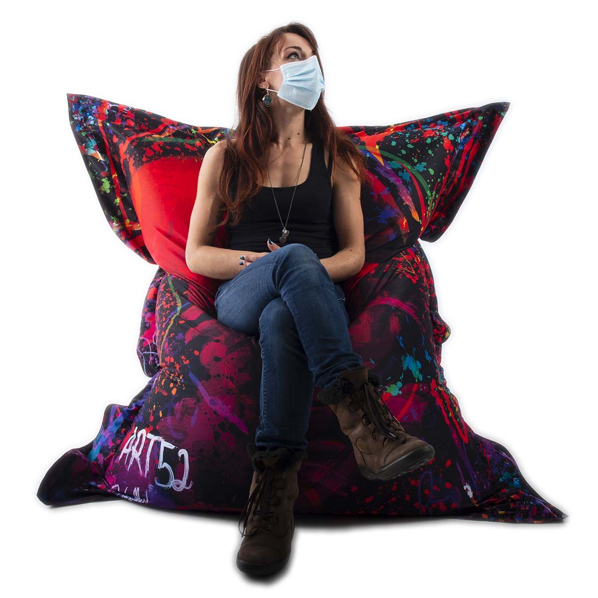 Pouf Géant ART52® - Red Skull, pouf XXL décor graffiti rouge et multicolore, œuvre Benjamin Cupillard signée, série limitée