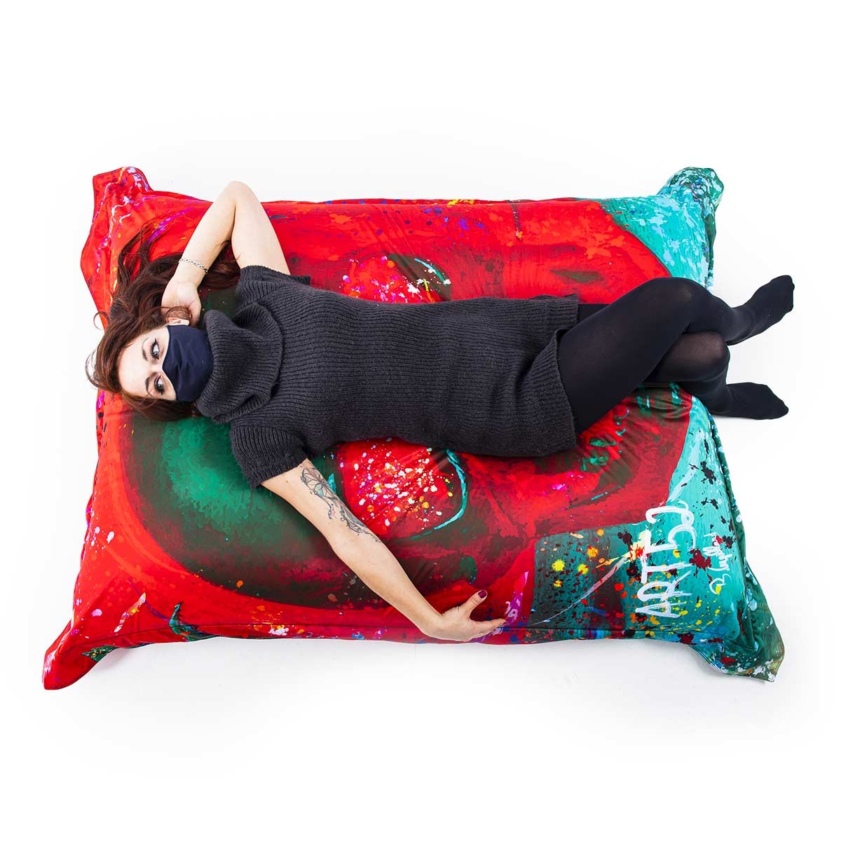 Pouf Géant ART52® - Vanité Rouge, coussin XXL rouge, assise confortable avec peinture abstraite de Benjamin Cupillard
