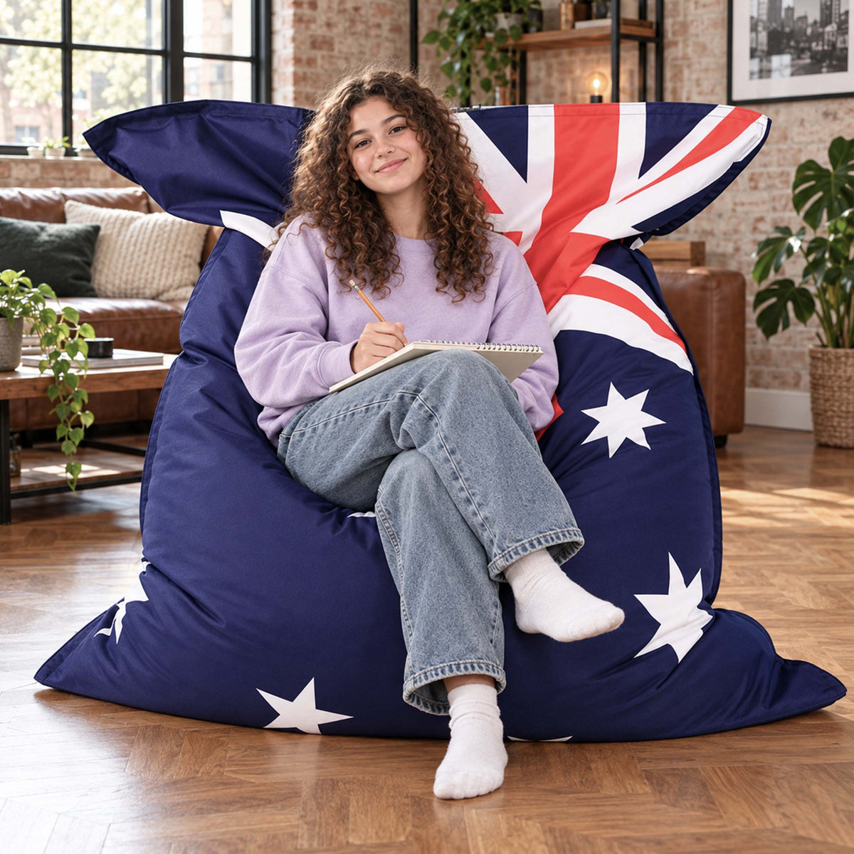 pouf géant drapeau australien BiG52, coussin XXL bleu rouge étoile, détente sur canapé en intérieur