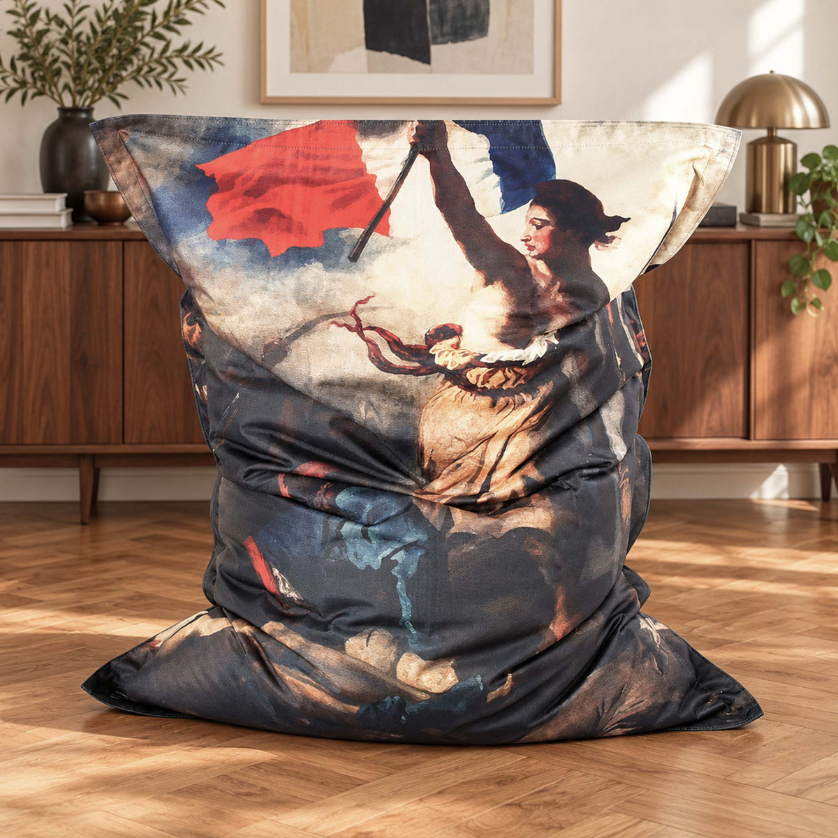 Pouf géant déhoussable Marianne Révolution BiG52, pouf géant en tissu avec housse décor artistique, assis au salon
