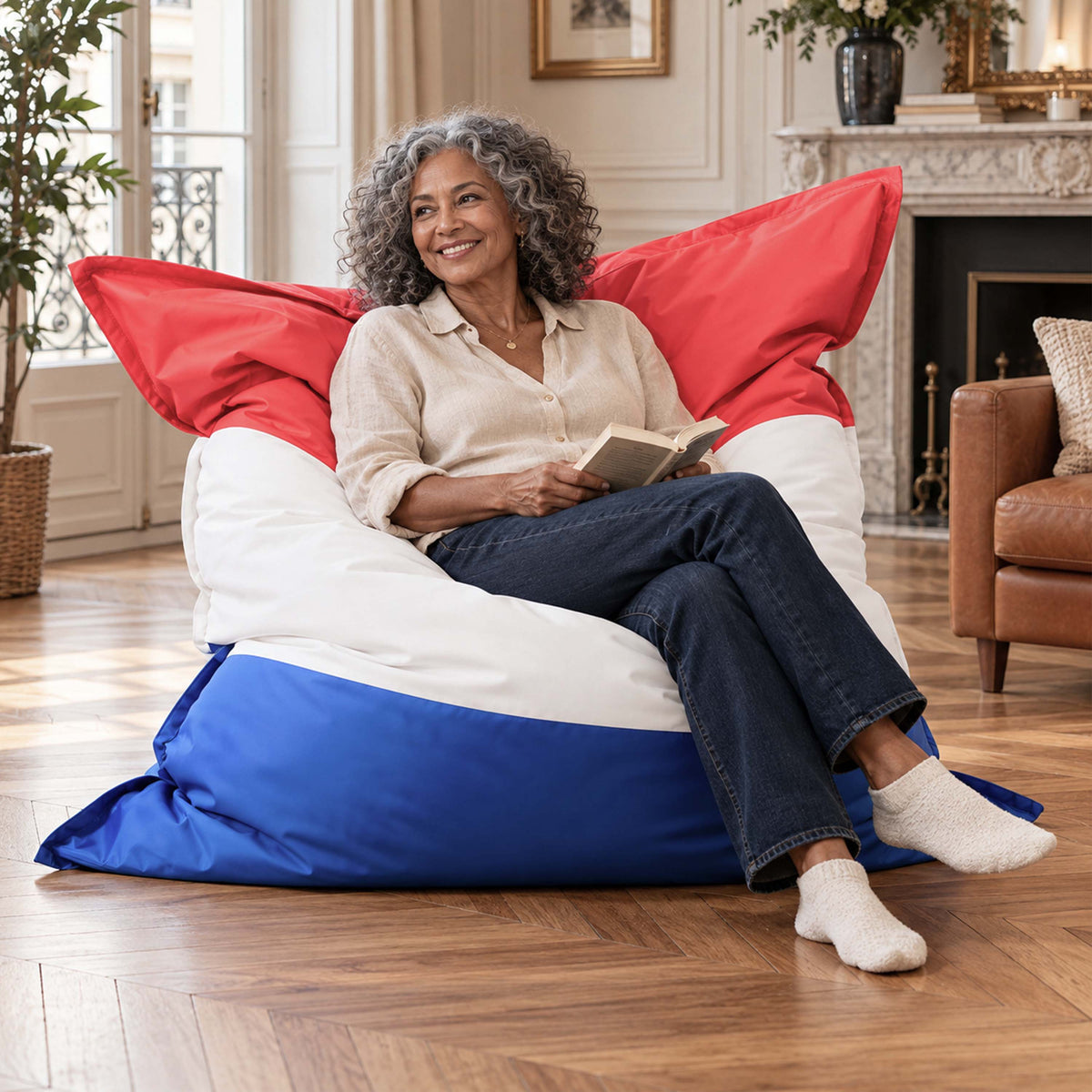 pouf géant drapeau français déhoussable BiG52, pouf géant bleu blanc rouge HD, assise confortable dans salon