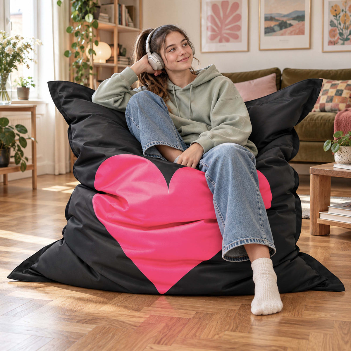pouf géant cœur rose déhoussable, pouf XXL en forme de cœur avec housse lavable pour salon ou extérieur