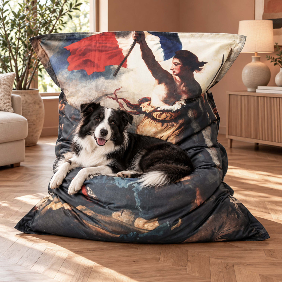 pouf géant déhoussable Marianne Révolution BiG52, grand coussin design HD en intérieur avec chien
