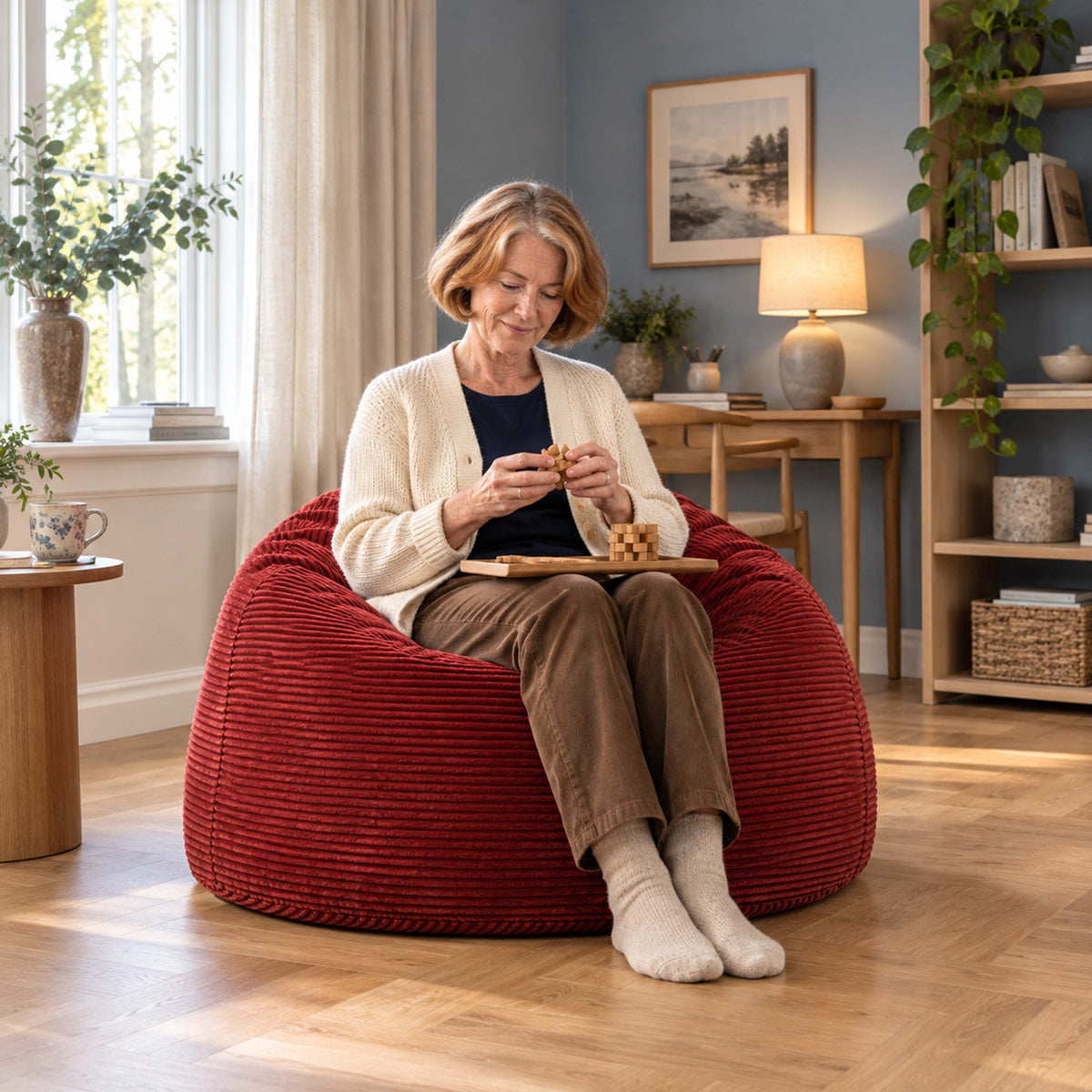 Pouf Géant Rond XL Velours Côtelé Rouge, assise confort ronde XL en velours côtelé rouge pour salon ou lecture