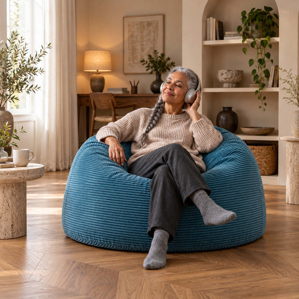 Pouf Géant Rond XL Velours Côtelé Bleu ciel, assise ronde XXL en velours côtelé bleu ciel pour salon, confort relax