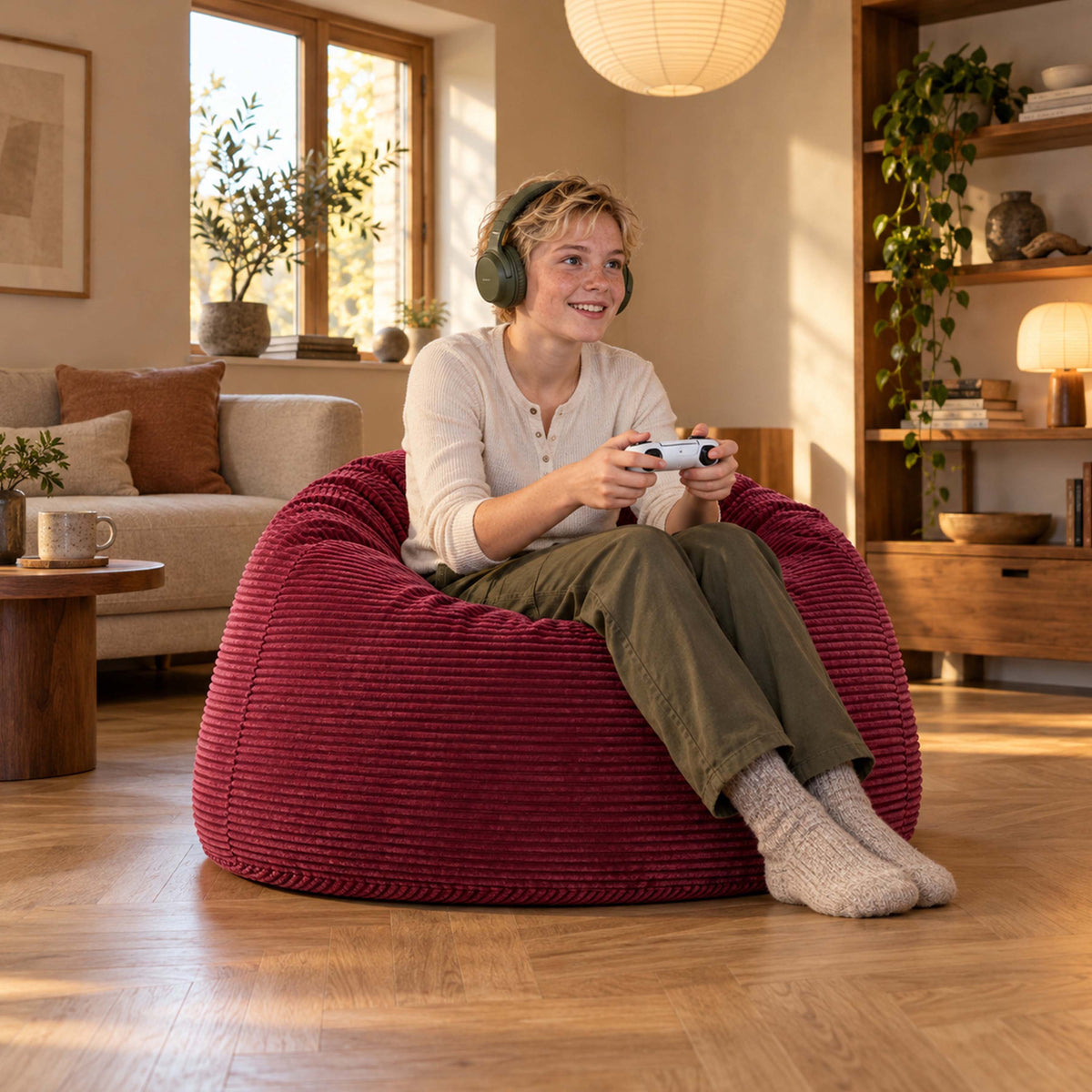 Pouf Géant Rond XL Velours Côtelé Cerise TiTAN S : grande assise ronde en velours côtelé cerise, confort et détente au salon