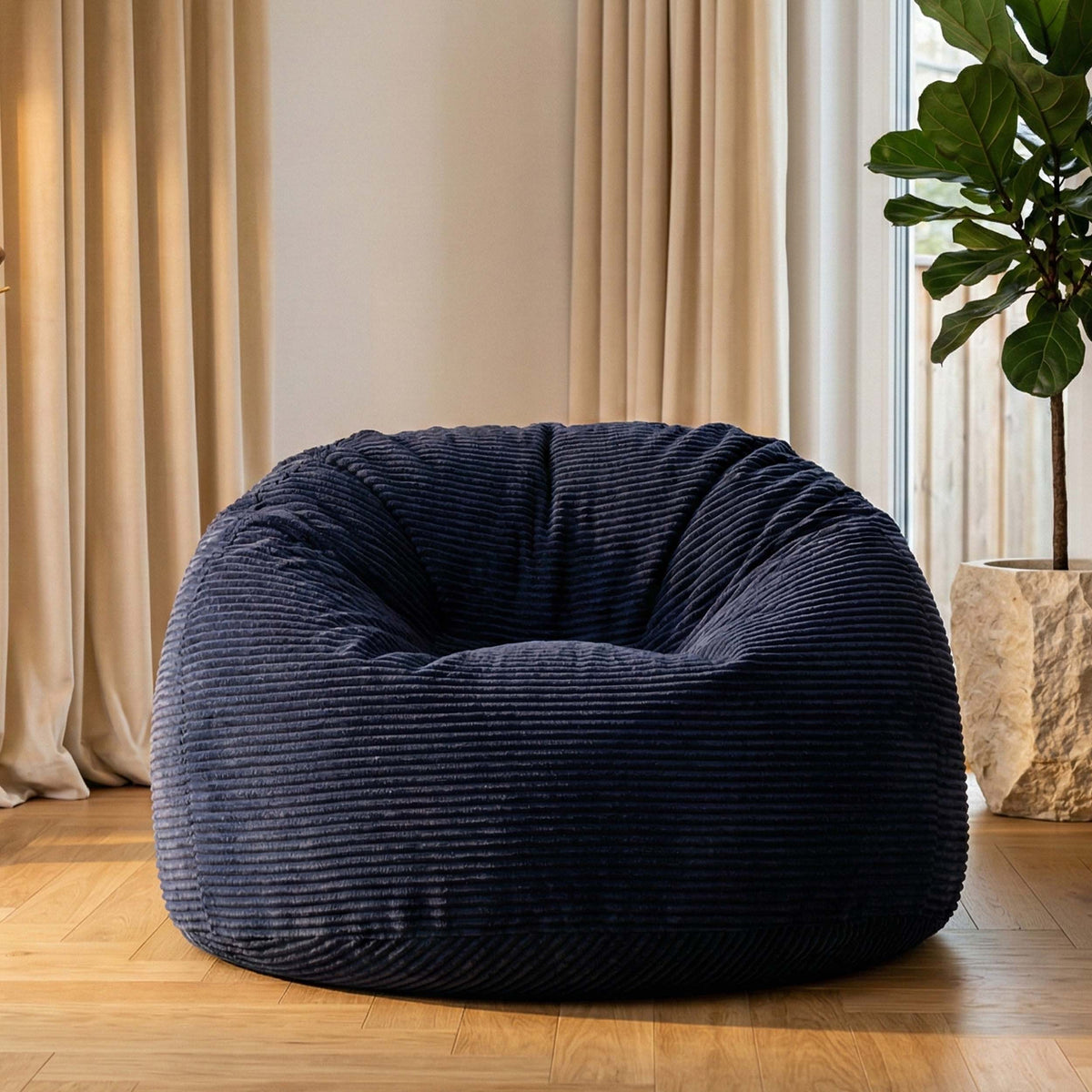 Pouf Géant Rond XL Velours Côtelé Bleu Marine, pouf fauteuil rond XL en velours côtelé bleu marine, intérieur salon cosy