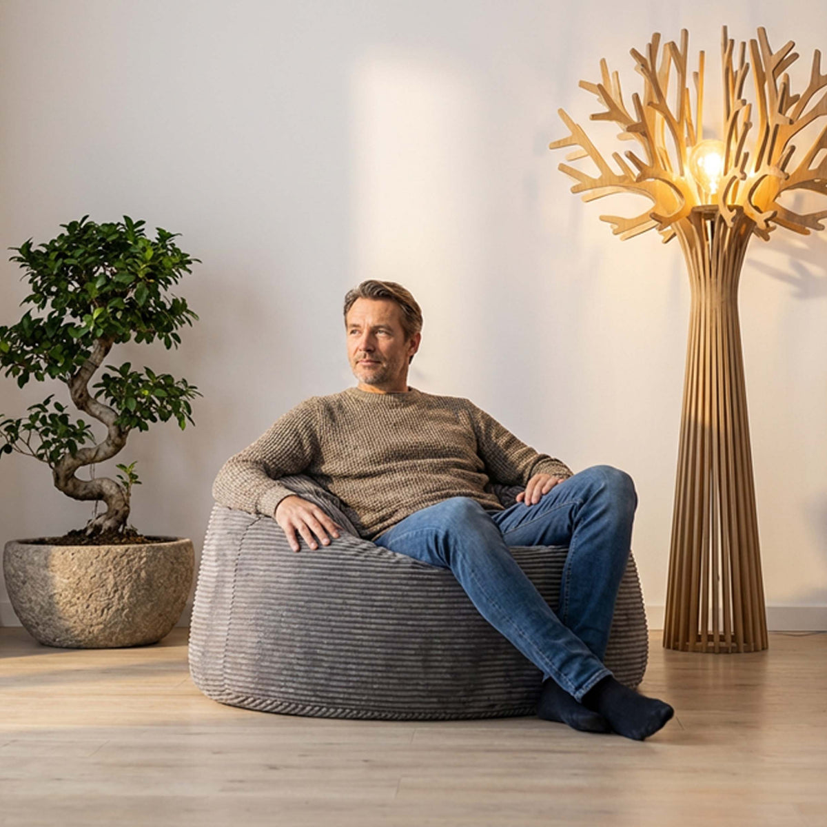 Pouf Géant Rond XL Velours Côtelé Gris, assise ronde XL en velours côtelé gris, design moderne pour salon ou chambre