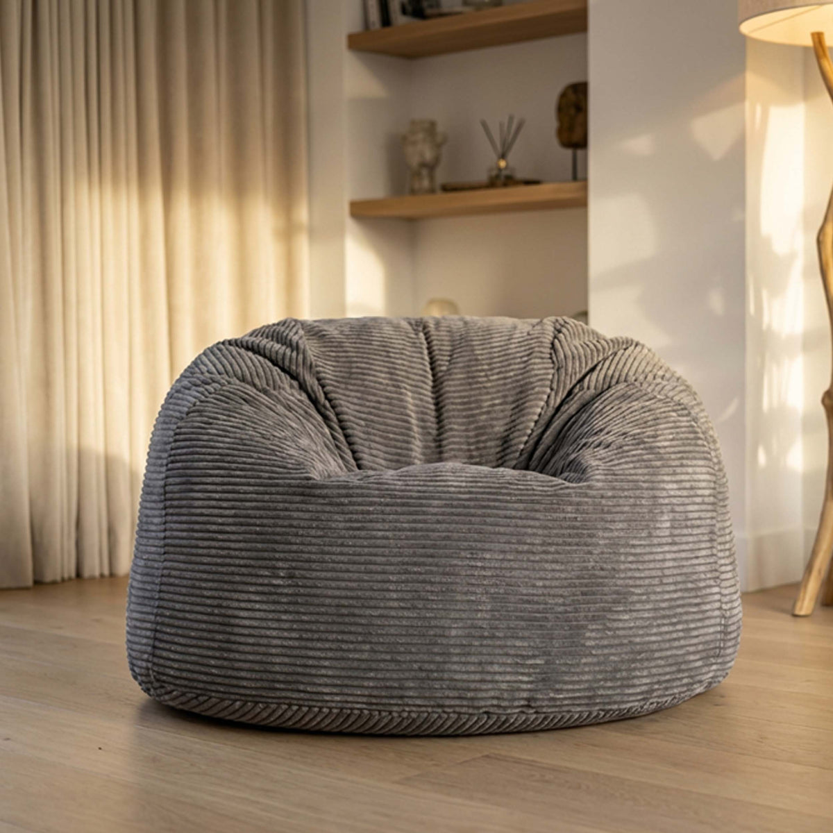 Pouf Géant Rond XL Velours Côtelé Gris, pouf fauteuil XXL rond en velours côtelé gris pour salon moderne