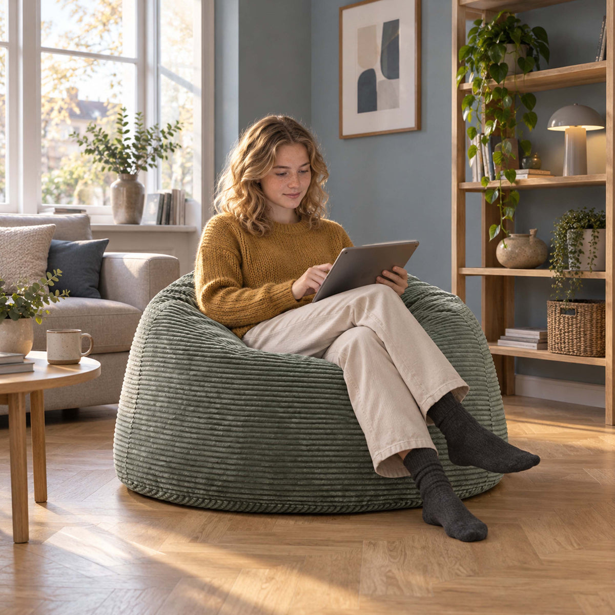 Pouf Géant Rond XL Velours Côtelé Vert gris, pouf fauteuil XL rond en velours côtelé, assise confortable pour salon