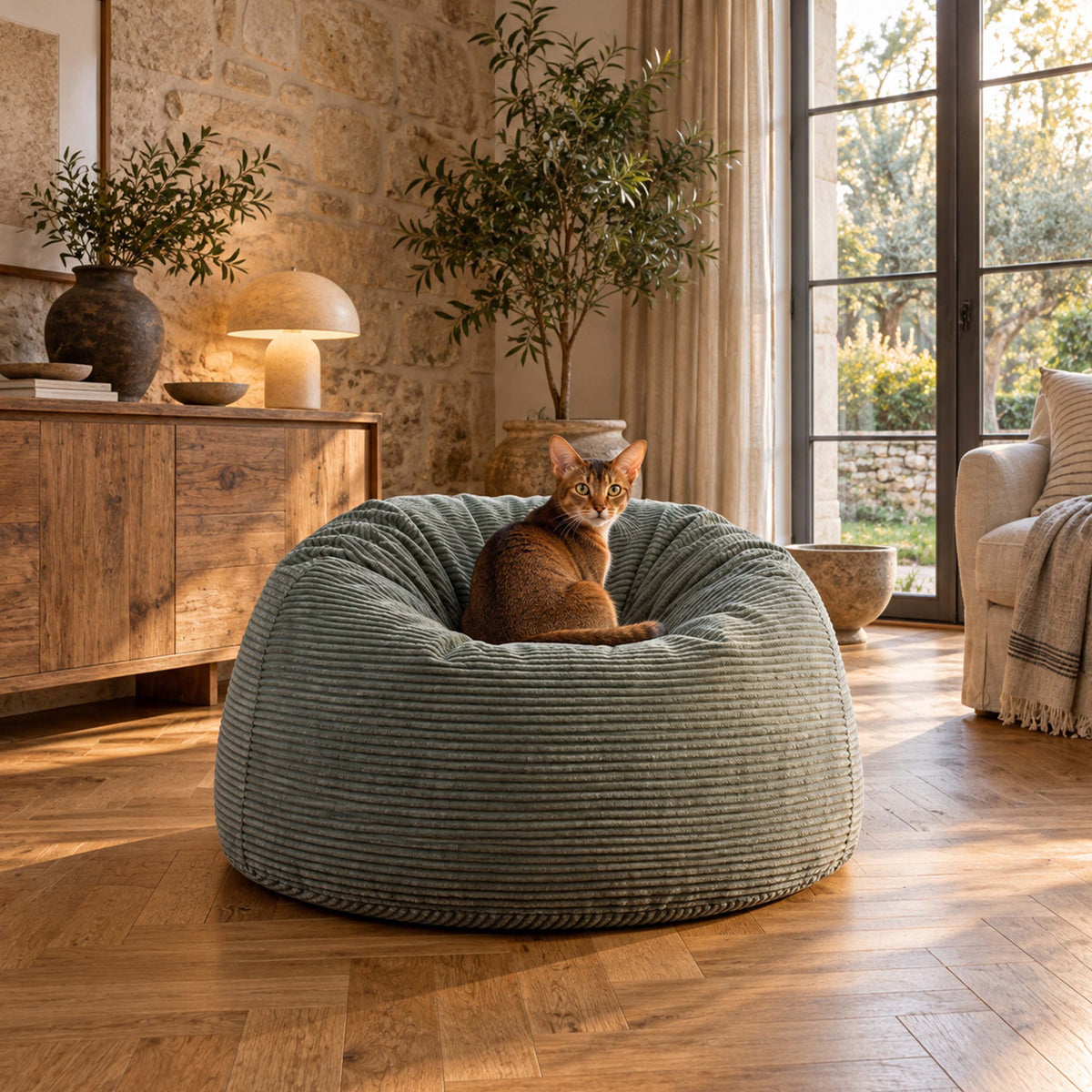 Pouf Géant Rond XL Velours Côtelé Vert gris, pouf XXL rond en velours côtelé, assise confortable pour salon chaleureux