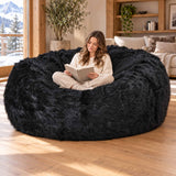Pouf Géant Rond XXL Fourrure Noir Big52 TiTAN, grand canapé moelleux en fausse fourrure, assise cosy près d’une fenêtre