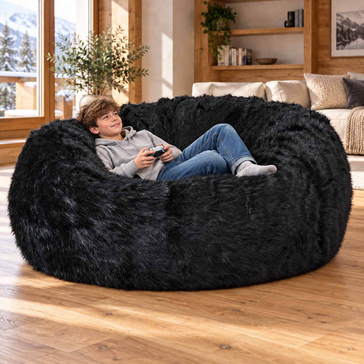 Pouf Géant Rond XXL Fourrure Noir, grand canapé en fausse fourrure noire pour détente, séjour cosy