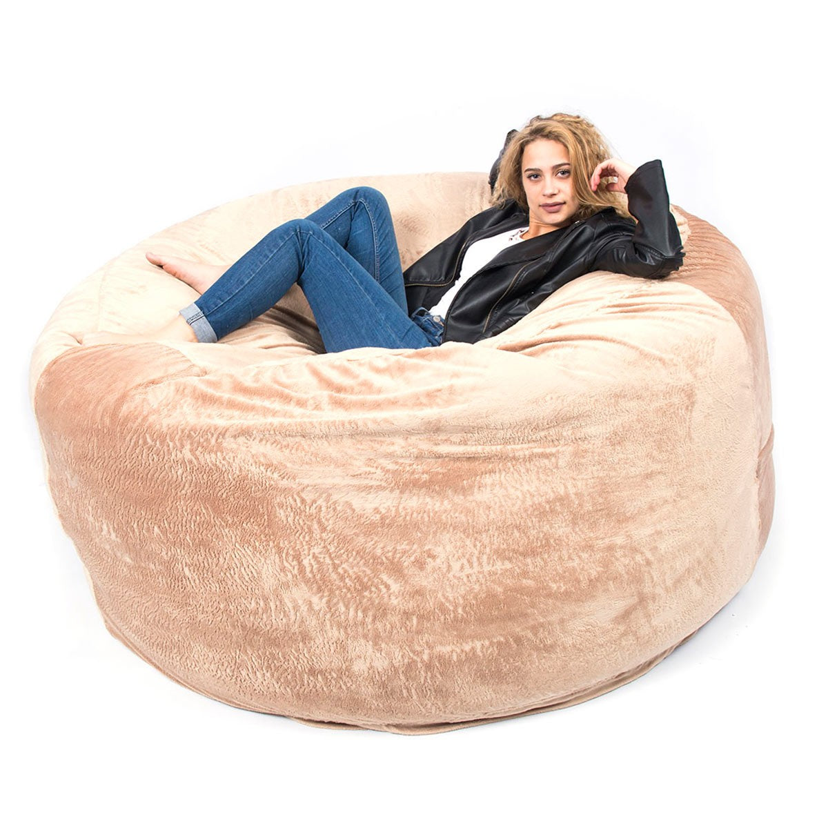 Pouf Géant Rond XXL Polaire Beige : grande assise moelleuse en fourrure polaire pour détente et décoration intérieur