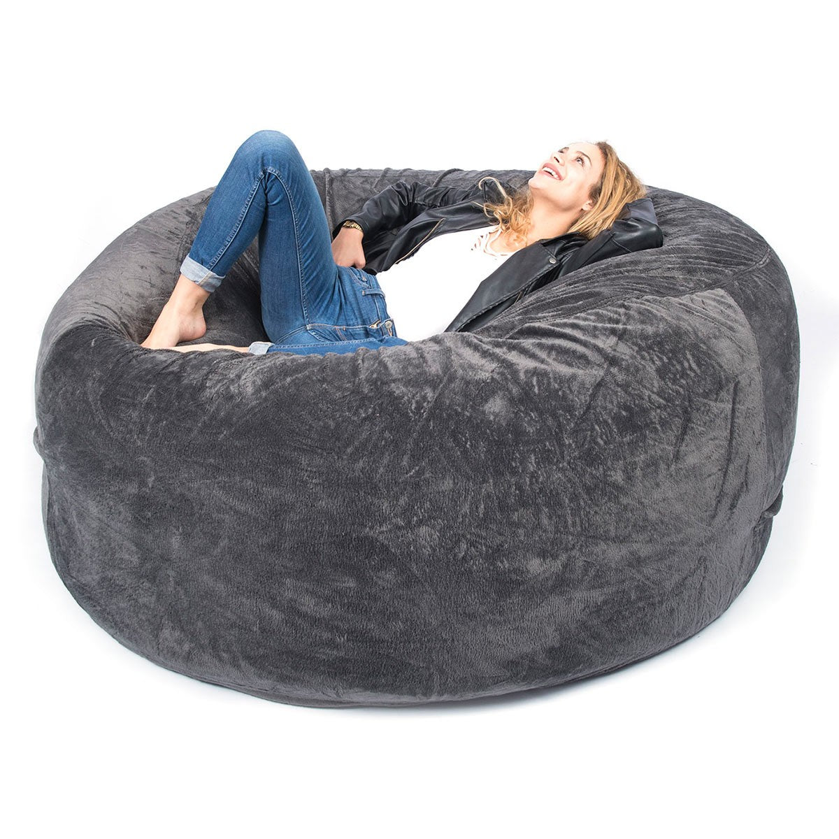 Pouf Géant Rond XXL Polaire Gris, grande assise moelleuse pour détente, pouf fourrure polaire gris style salon