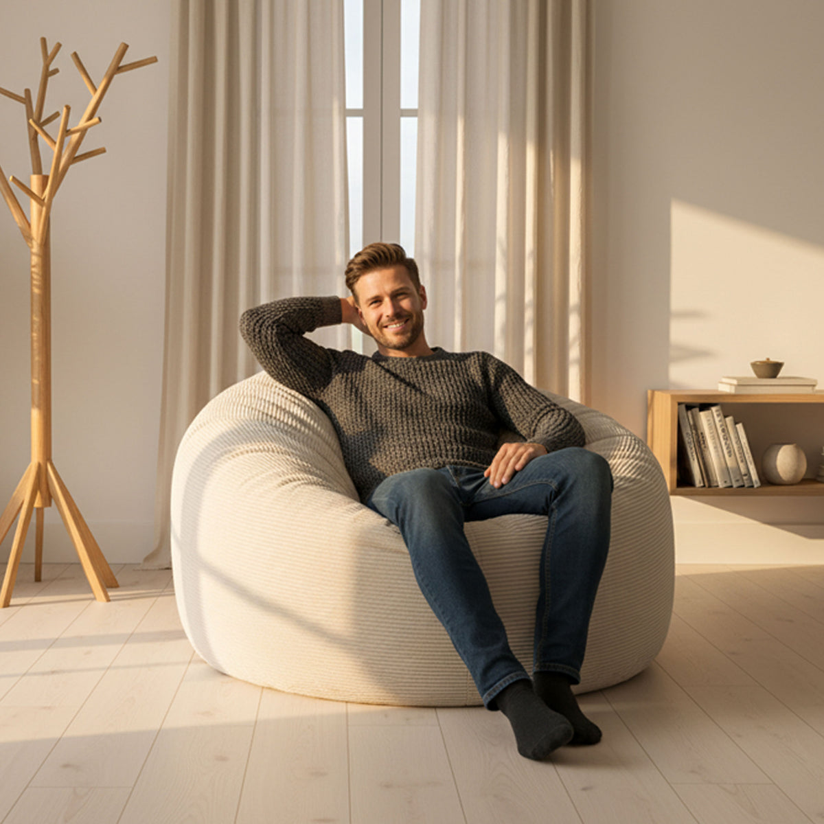 Pouf Géant Rond XXL Velours Côtelé Beige TiTAN XXL, assise XXL déhoussable, confort pour salon moderne