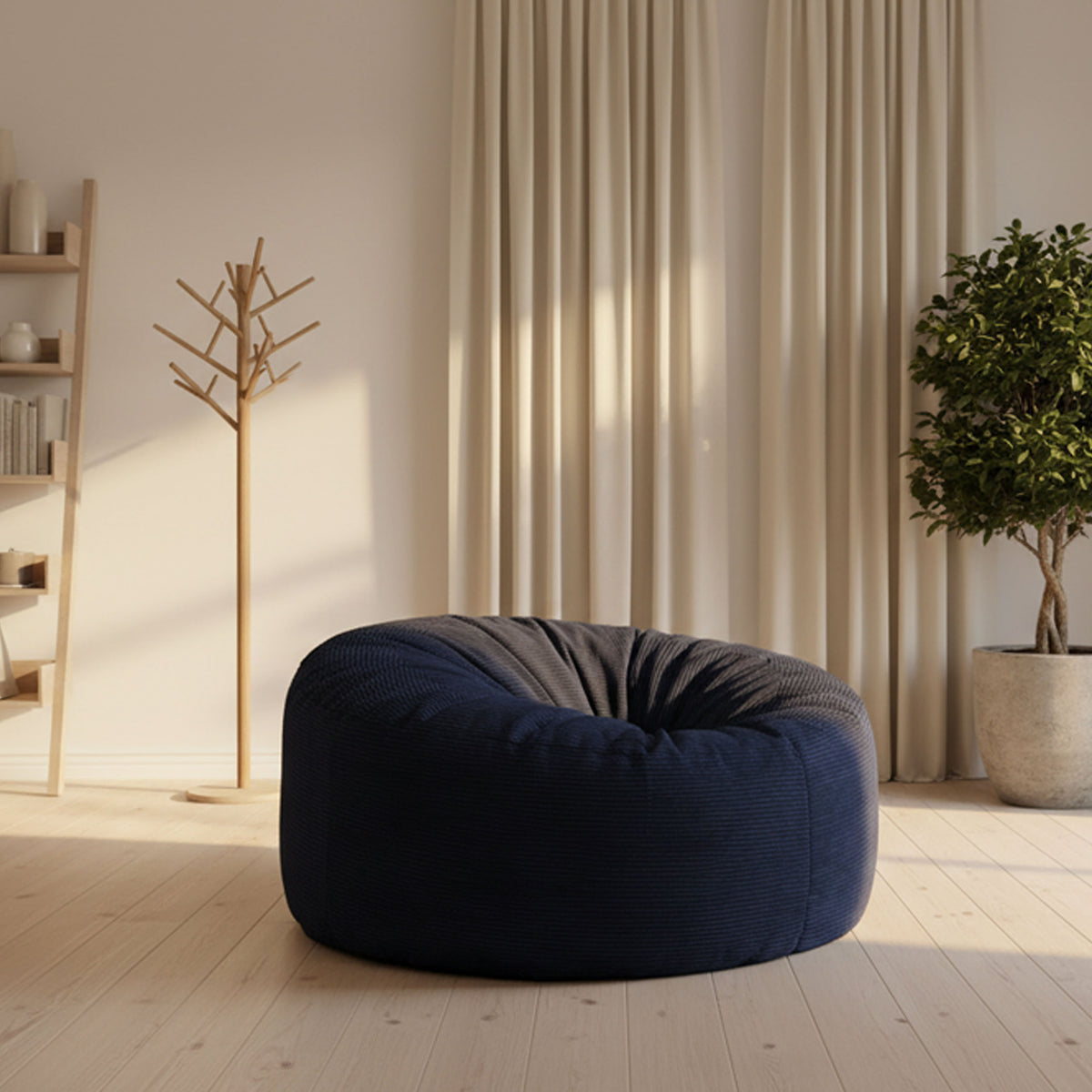 Pouf Géant Rond XXL Velours Côtelé Bleu Marine, assise XXL en velours côtelé bleu marine style moderne pour salon