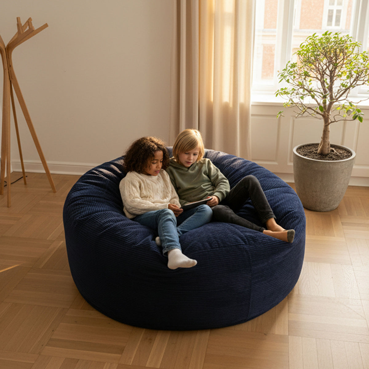 Pouf Géant Rond XXL Velours Côtelé Bleu Marine, grand pouf canapé XXL en velours côtelé bleu marine pour enfants et détente