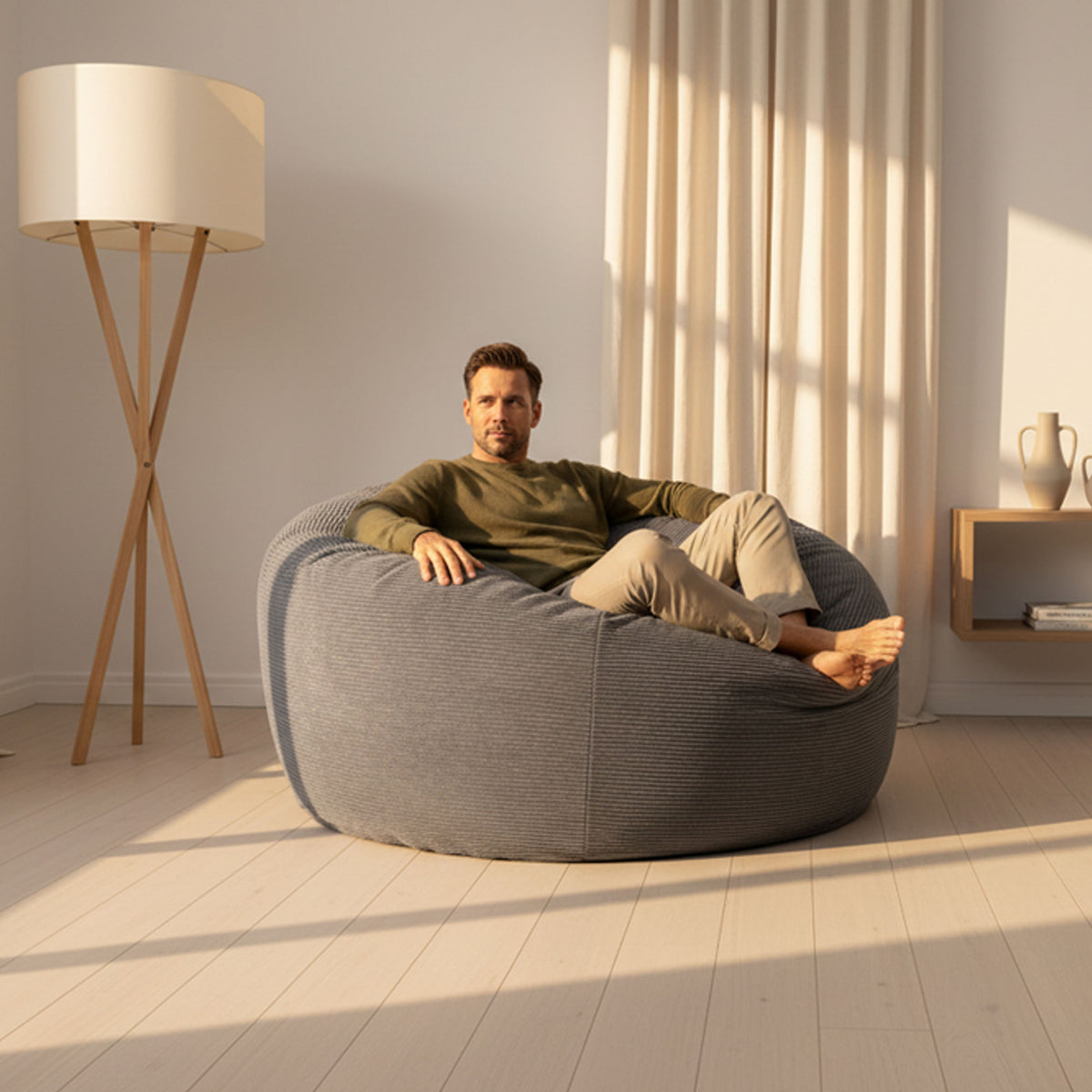 Pouf Géant Rond XXL Velours Côtelé Gris, homme assis dans le salon sur pouf XXL en velours côtelé gris