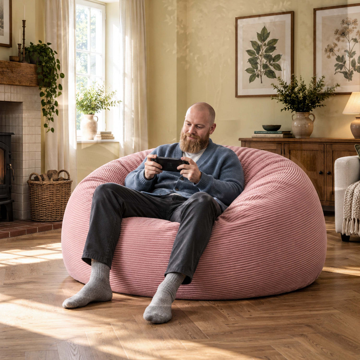 Pouf Géant Rond XXL Velours Côtelé Rose poudré chaud, pouf XXL confort en salon, housse déhoussable