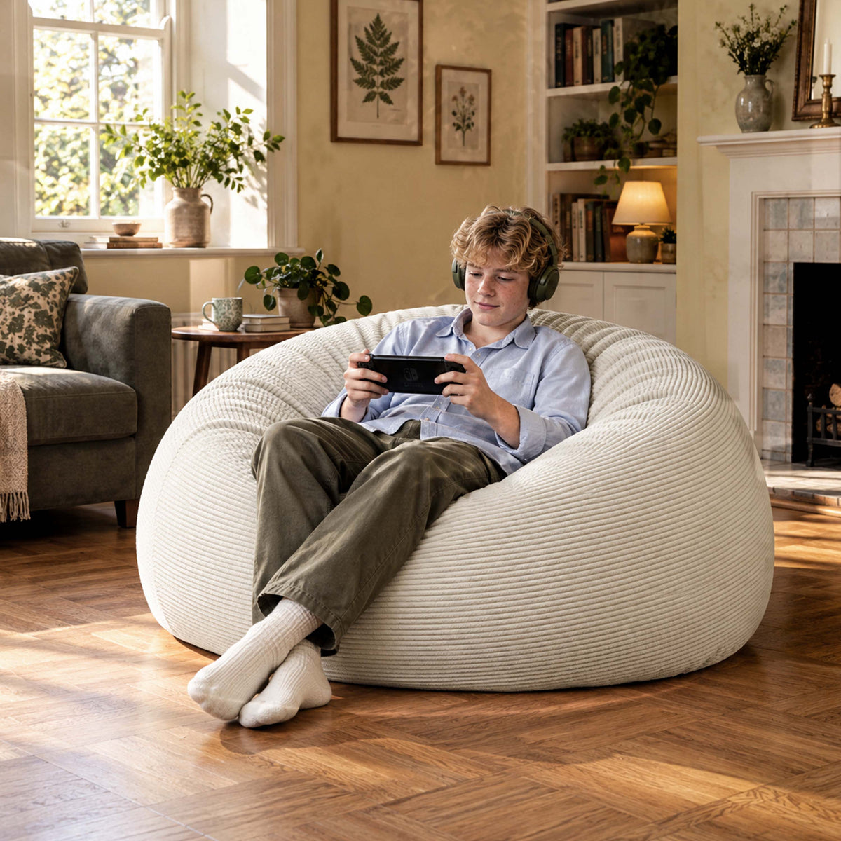 Alt Tag: Pouf Géant Rond XXL Velours Côtelé Beige en velours côtelé, intérieur salon, confort assise