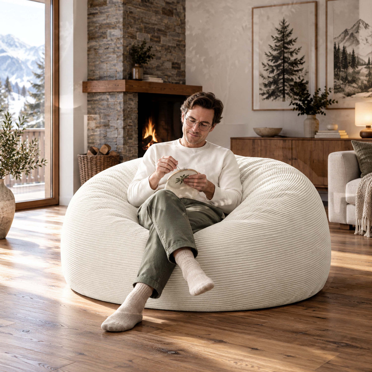 Pouf Géant Rond XXL Velours Côtelé Beige TiTAN, grand pouf canapé XXL en velours côtelé beige, intérieur salon