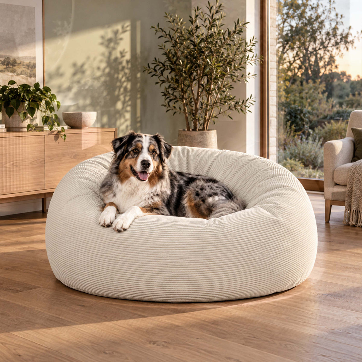 Pouf Géant Rond XXL Velours Côtelé Beige pour canapé, grand pouf déhoussable, ambiance salon avec chien