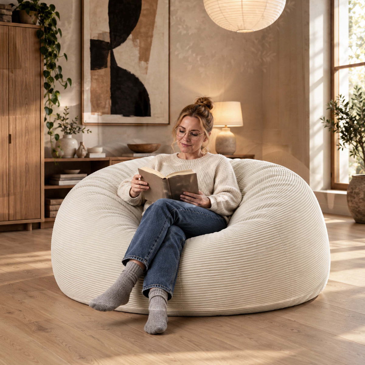 Pouf Géant Rond XXL Velours Côtelé Beige TiTAN, assise XXL confortable, housse déhoussable lavable, salon cosy
