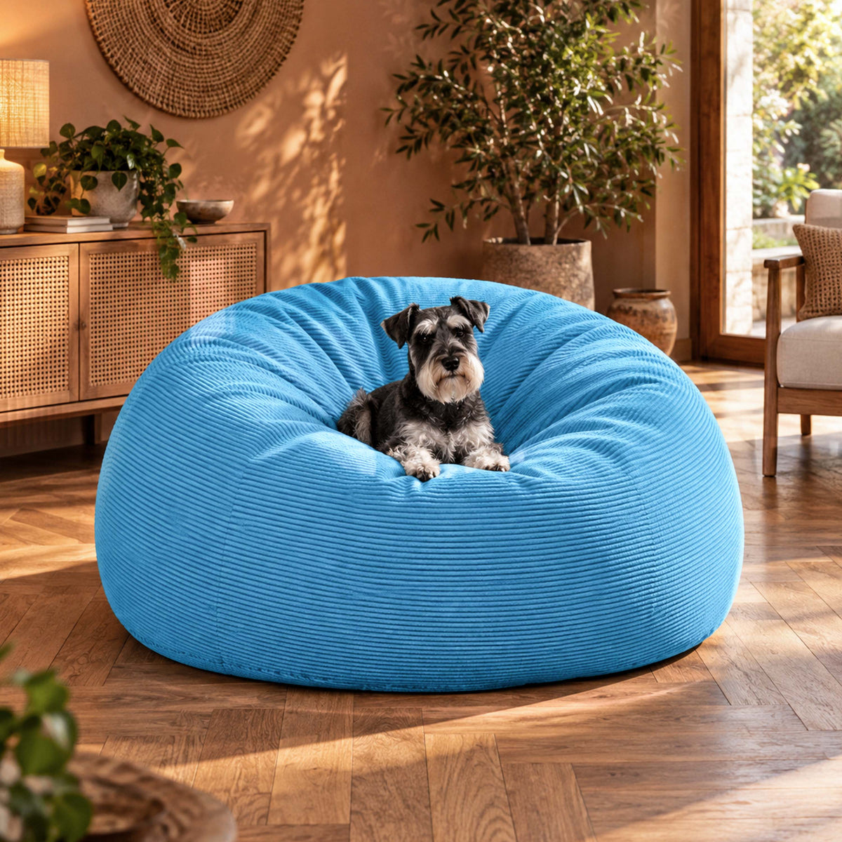 Pouf Géant Rond XXL Velours Côtelé Bleu ciel TiTAN, assise XXL déhoussable, pour chien et salon cosy