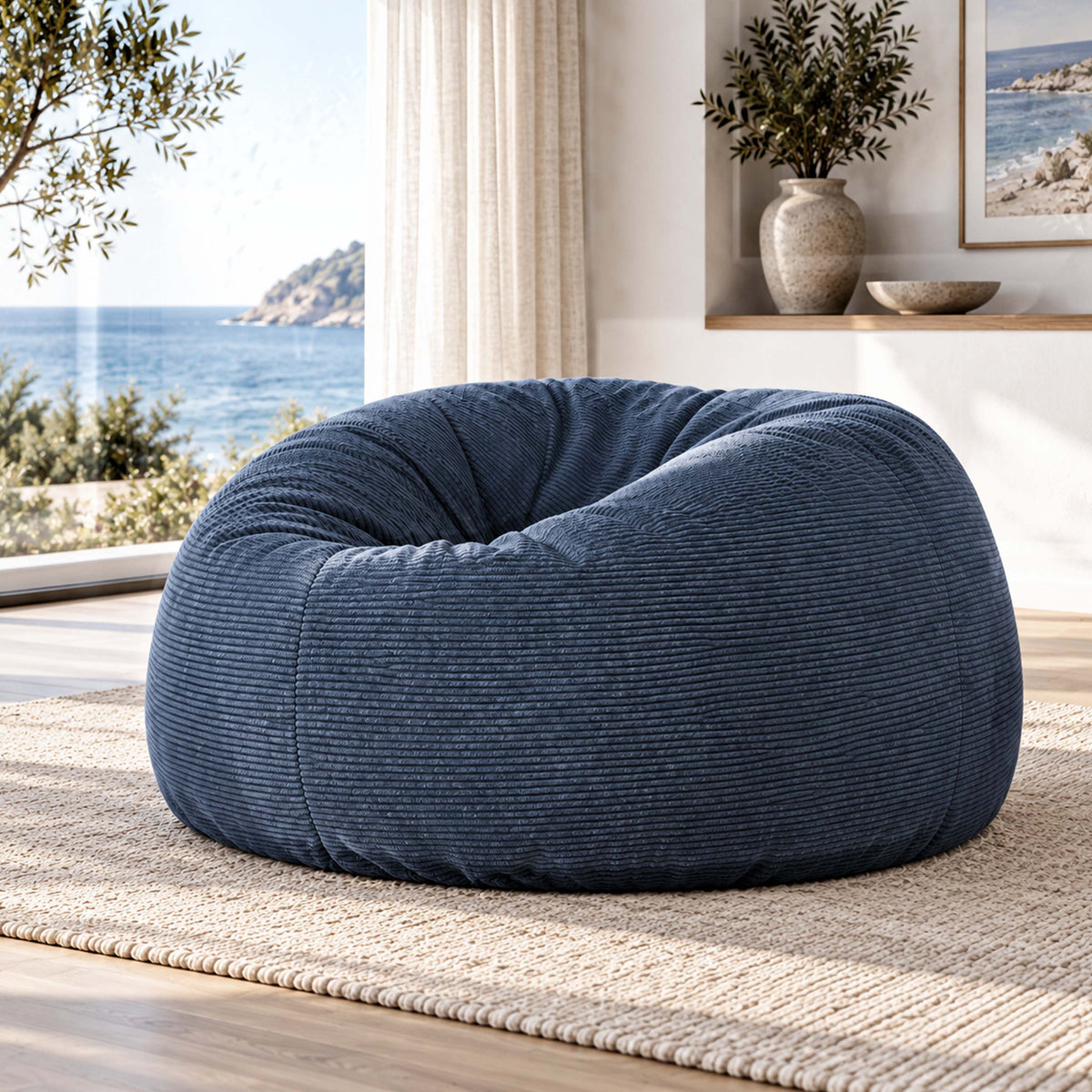 Pouf Géant Rond XXL Velours Côtelé Bleu denim TiTAN XXL, pouf canapé déhoussable, velours côtelé bleu denim, intérieur salon
