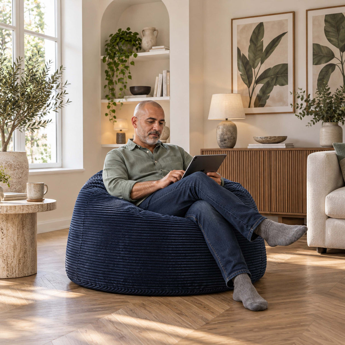 Pouf Géant Rond XL Velours Côtelé Bleu Marine, pouf fauteuil rond XXL en velours côtelé bleu marine pour salon, assise confortable