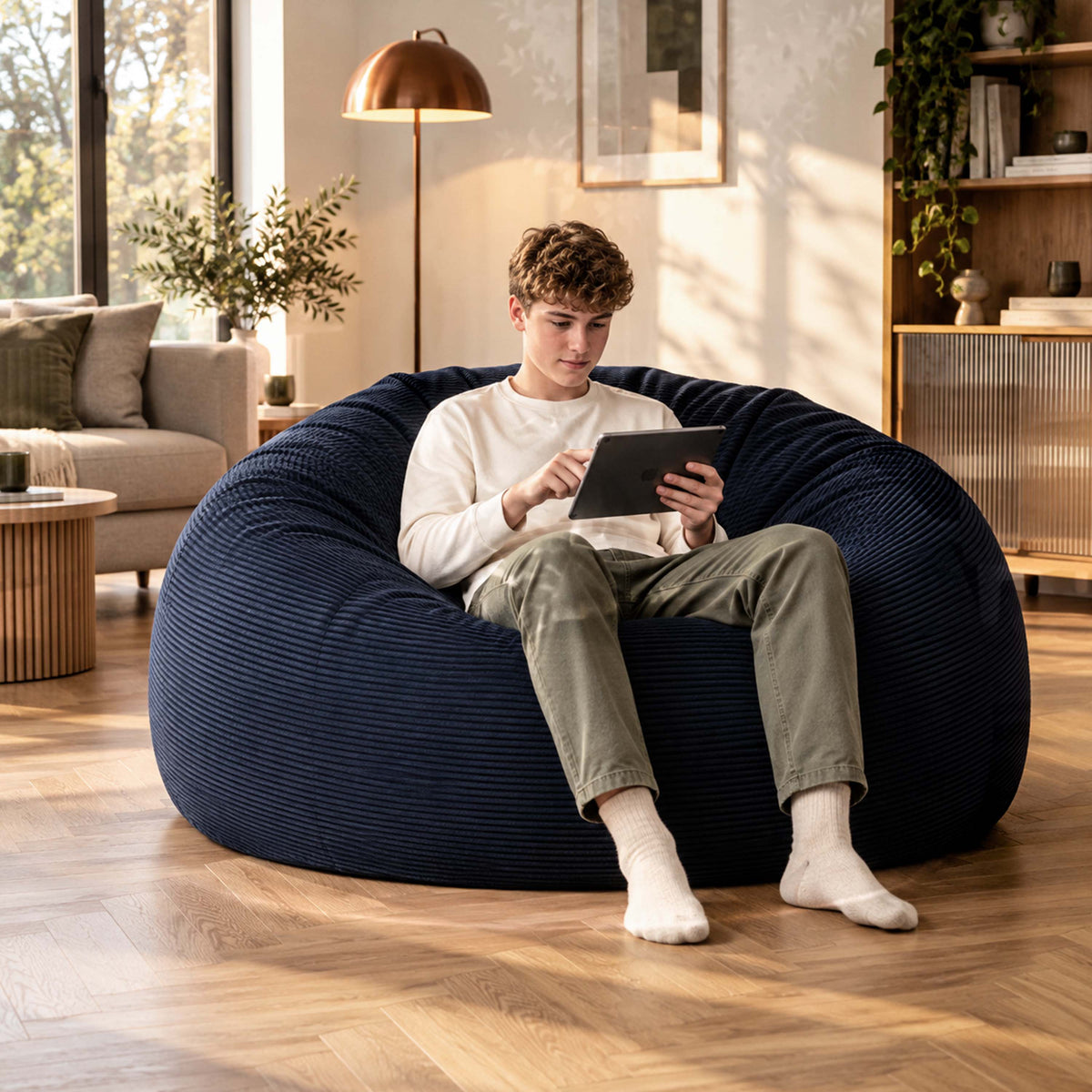 Pouf Géant Rond XXL Velours Côtelé Bleu Marine, assise XXL déhoussable, confort moderne pour salon, grand pouf billes haute densité