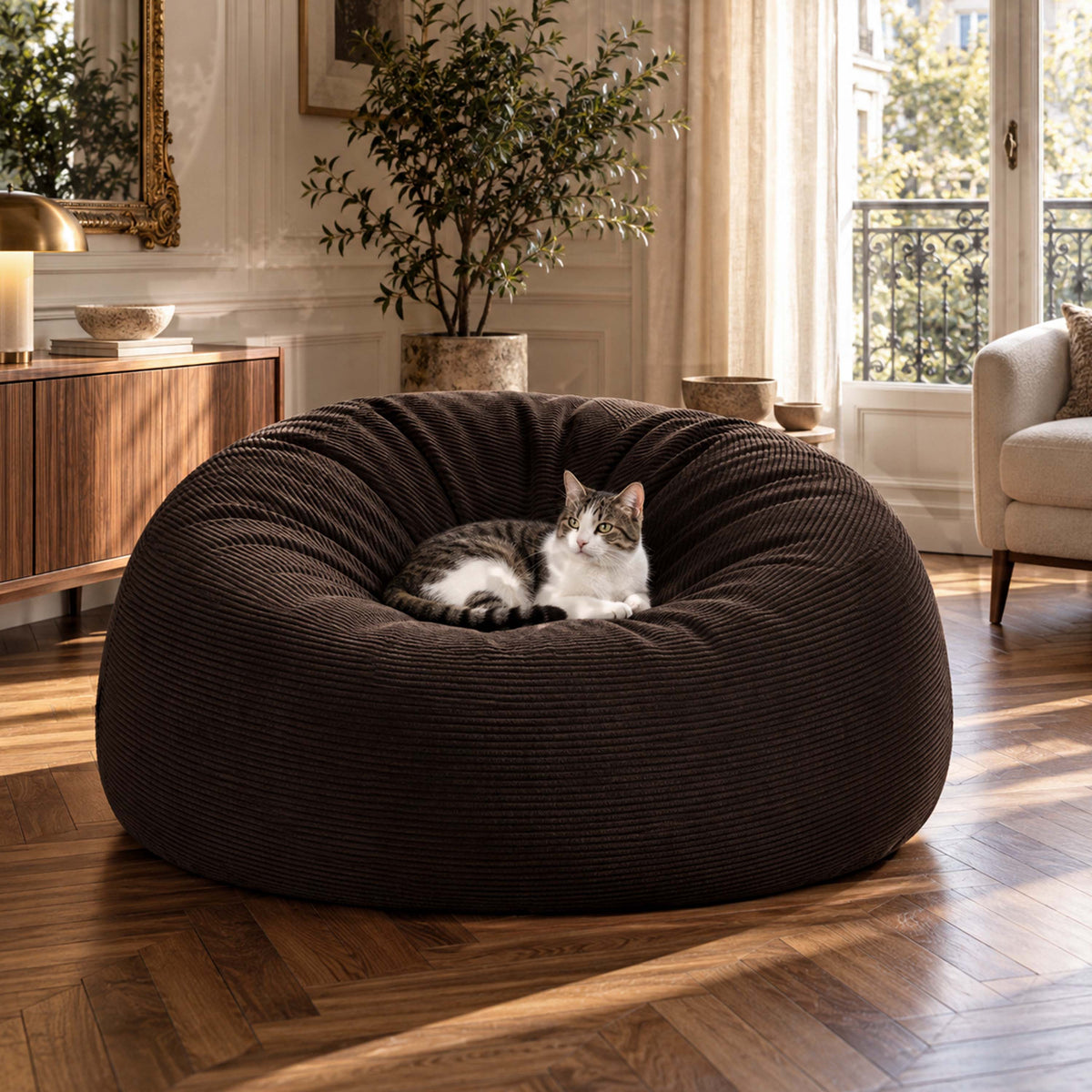 Pouf Géant Rond XXL Velours Côtelé Brun espresso, gros pouf canapé XXL en velours côtelé brun dans un salon, idéal pour se détendre