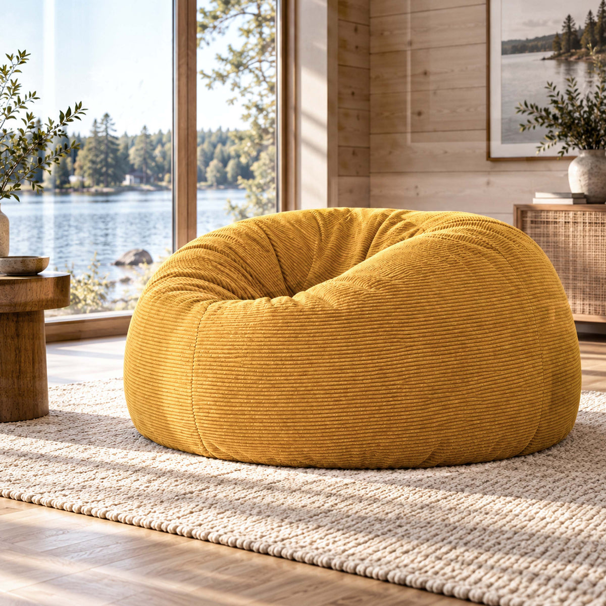 Pouf Géant Rond XXL Velours Côtelé Jaune moutarde TiTAN XXL, pouf géant rond en velours côtelé jaune moutarde