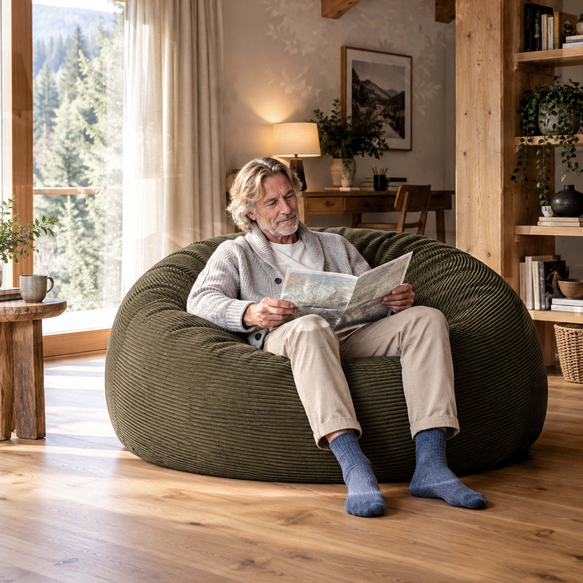 Pouf Géant Rond XXL Velours Côtelé Kaki foncé TiTAN XXL en velours côtelé, housse déhoussable, confort canapé