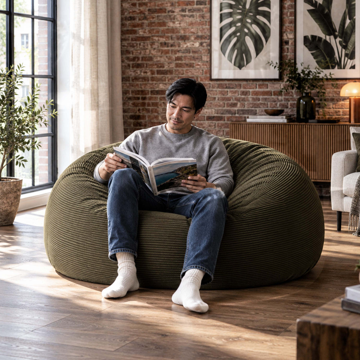 Pouf Géant Rond XXL Velours Côtelé Kaki foncé, assise XXL déhoussable, confort lounge dans un salon moderne