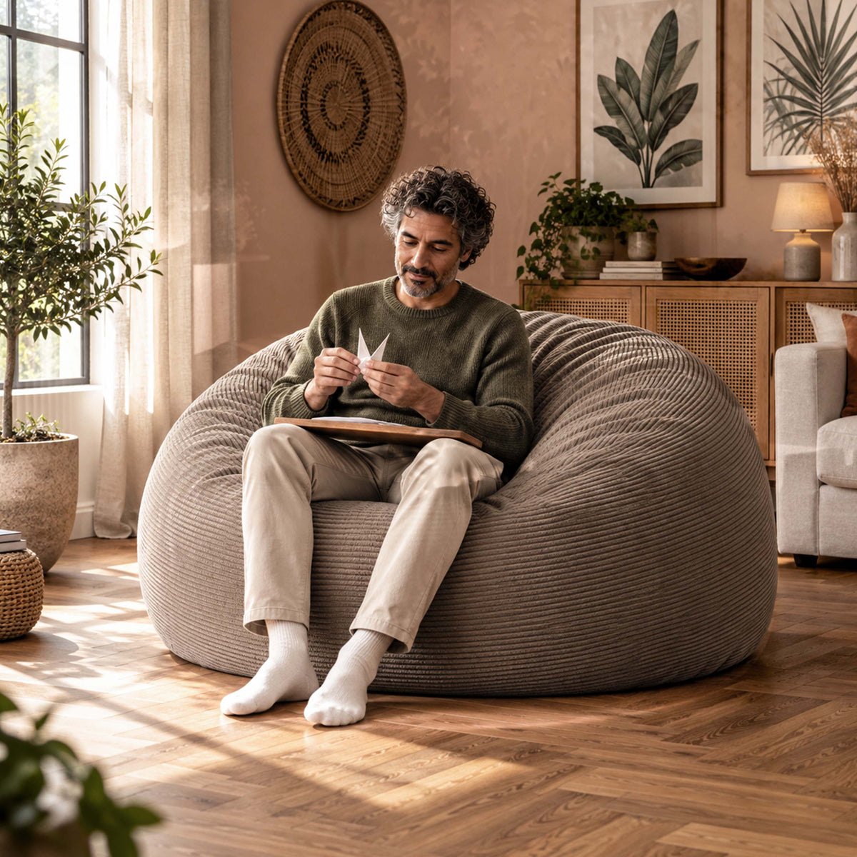 Pouf Géant Rond XXL Velours Côtelé Marron TiTAN, pouf canapé XXL en velours côtelé marron, housse déhoussable, billes haute densité