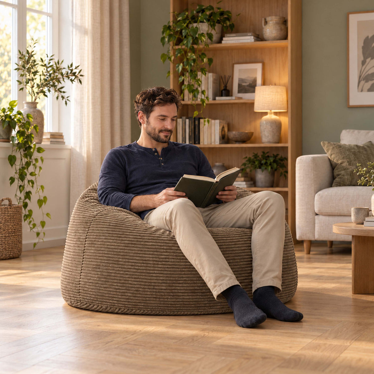 pouf fauteuil rond XL en velours côtelé marron, pouf géant arrondi pour salon confortable et moderne