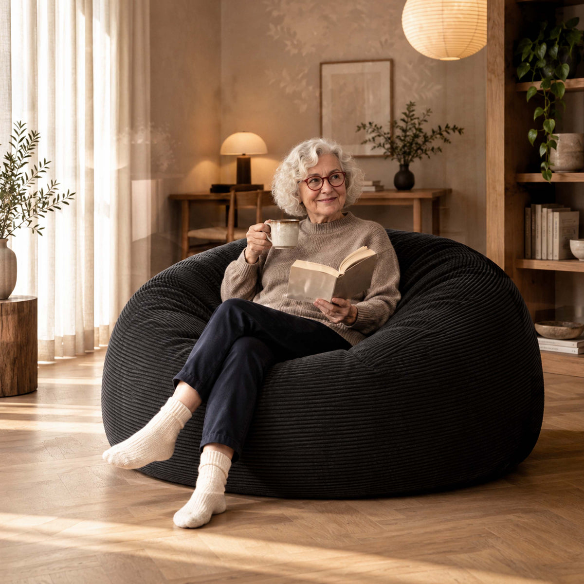 Pouf Géant Rond XXL Velours Côtelé Noir TiTAN en salon, grand coussin de confort déhoussable