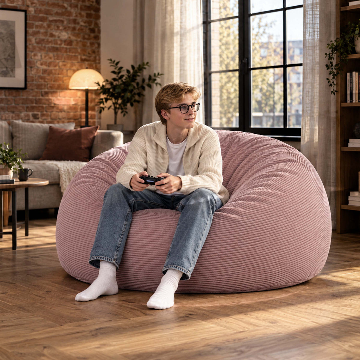 Pouf Géant Rond XXL Velours Côtelé Rose poudré TiTAN XXL XXL, assise confortable en salon, housse déhoussable