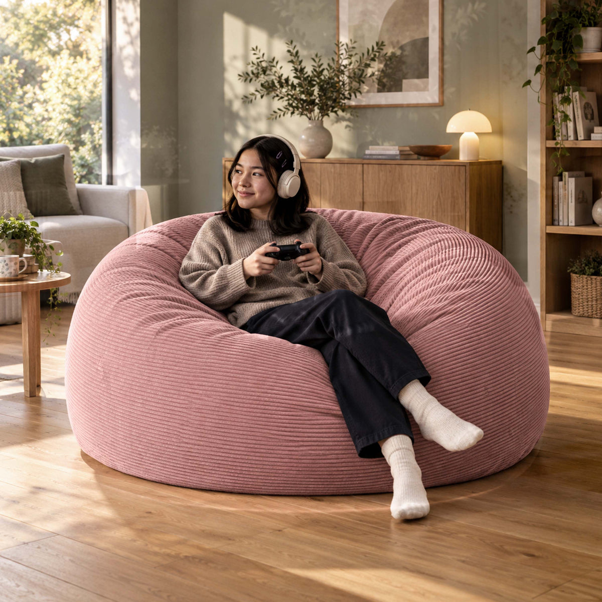 Pouf Géant Rond XXL Velours Côtelé Rose poudré chaud TiTAN, fauteuil XXL déhoussable en velours côtelé rose, salon cocooning