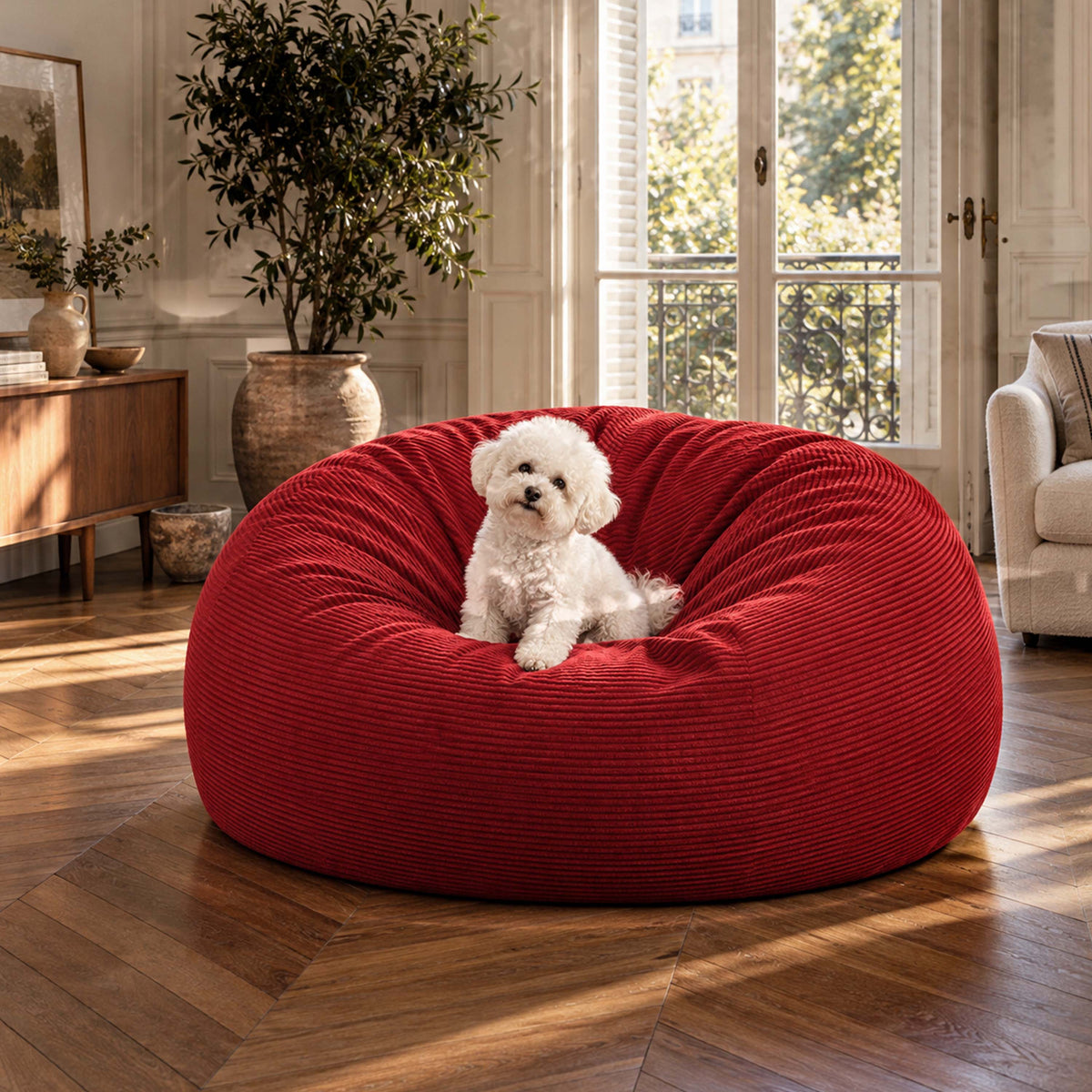 Pouf Géant Rond XXL Velours Côtelé Rouge, pouf canapé XXL en velours côtelé rouge avec chien assis, salon intérieur lumineux