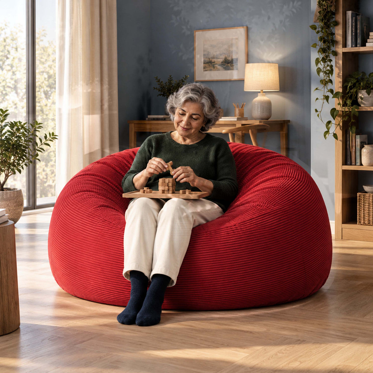 Pouf Géant Rond XXL Velours Côtelé Rouge TiTAN, grand pouf canapé rouge en velours côtelé pour salon et détente